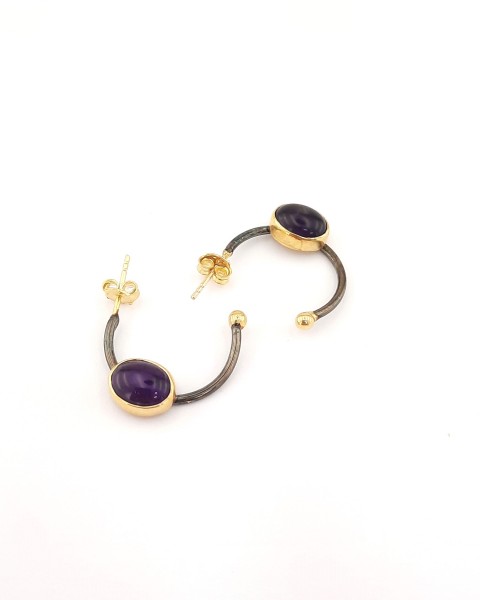 Oval Kesim Ametist Taşlı Gümüş Küpe