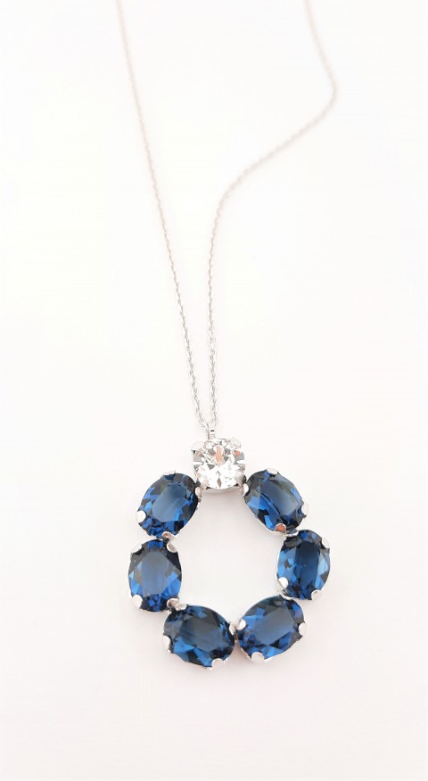 Oval Kesim Lacivert Swarovski Taşlı Gümüş Kolye