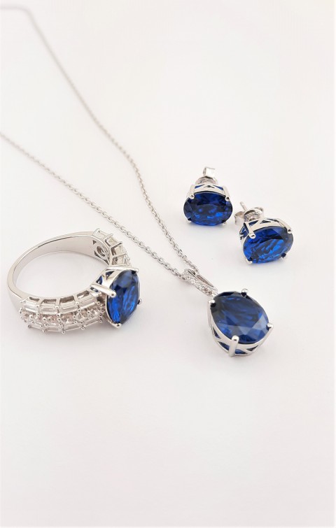 Oval Kesim Safir Renk Taşlı Gümüş Set