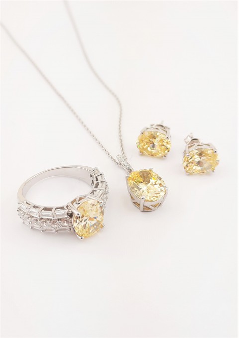 Oval Kesim Sarı Renk Taşlı Gümüş Set