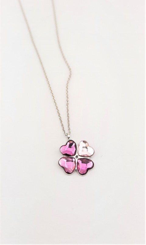 Pembe Swarovski Taşlı Yonca Gümüş Kolye