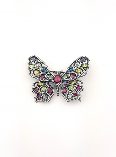 Renkli Taşlı Kelebek Gümüş Broş