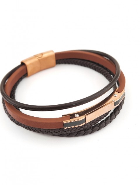 Rosegold Künyeli Dört Sıralı Kahverengi Deri Bileklik