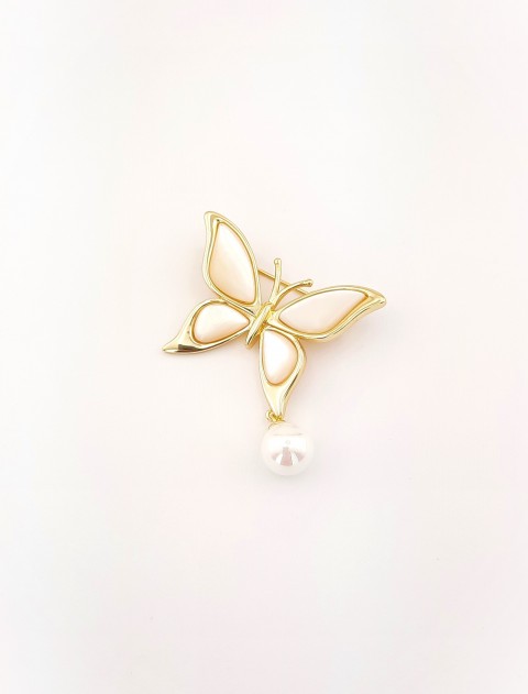 Sallantılı İncili Sedefli Kelebek Gümüş Broş