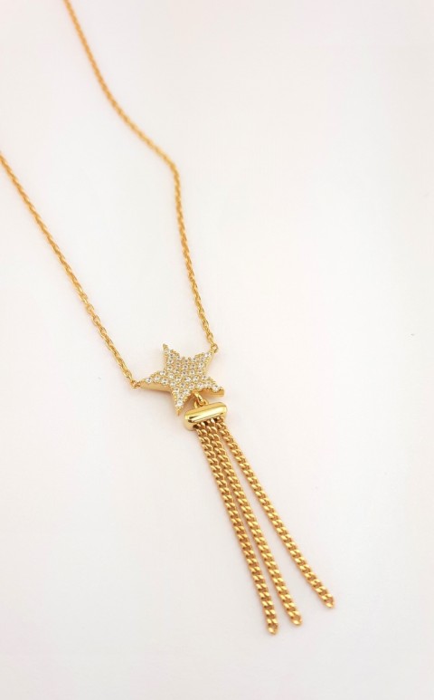 Sallantılı Zincirli Yıldız Gold Gümüş Kolye