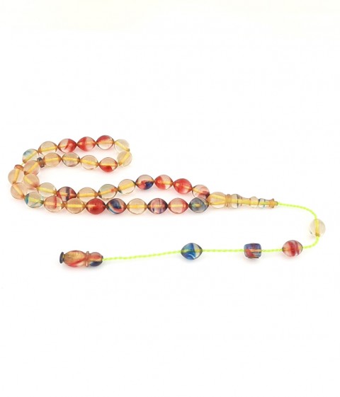 Sistemli Püsküllü Arpa Kesim Çok Renkli Hareli Sıkma Kehribar Tespih