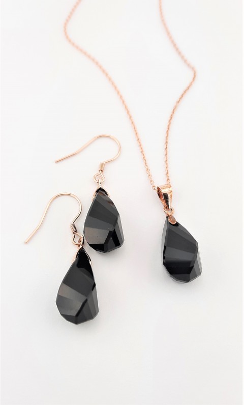 Siyah Swarovski Taşlı Küpe ve Kolye
