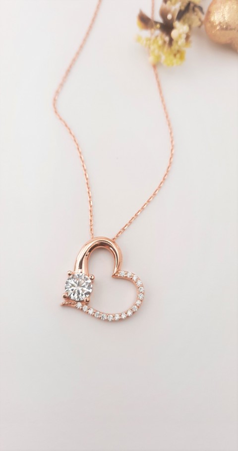 Tektaşlı Kalp Rosegold Gümüş Kolye