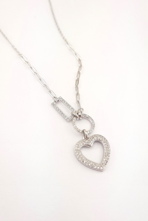 Taşlı Kalpli Trend Gümüş Kolye