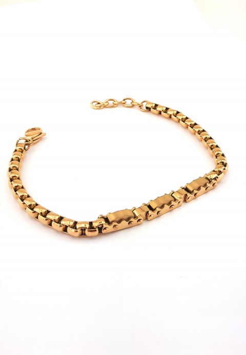 Üç Parçalı Künyeli Küp Zincirli Gold Çelik Bileklik