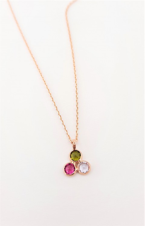Üç Renk Minik Swarovski Taşlı Gümüş Kolye