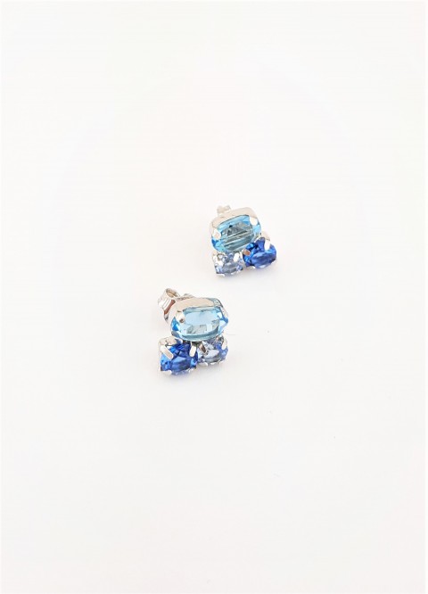Üç Taşlı Mavi Renkli Swarovski Taşlı Gümüş Küpe