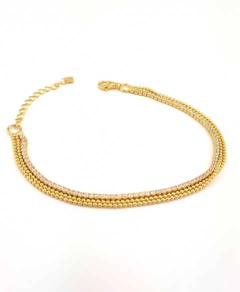 Üç Zincirli Tek Sırası Taşlı Gold Gümüş Bileklik