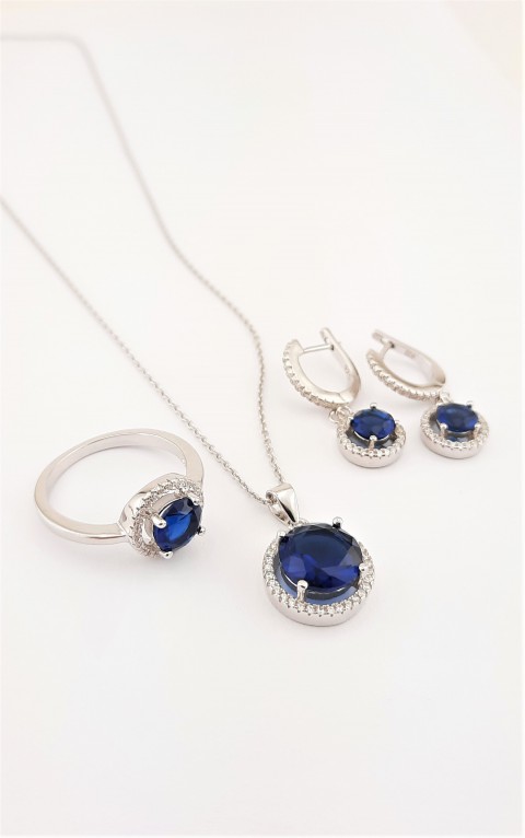 Yuvarlak Kesim Safir Renk Taşlı Gümüş Set