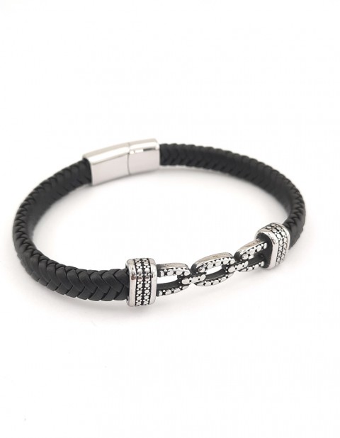 Zincir Model Künyeli Siyah Örgü Deri Bileklik